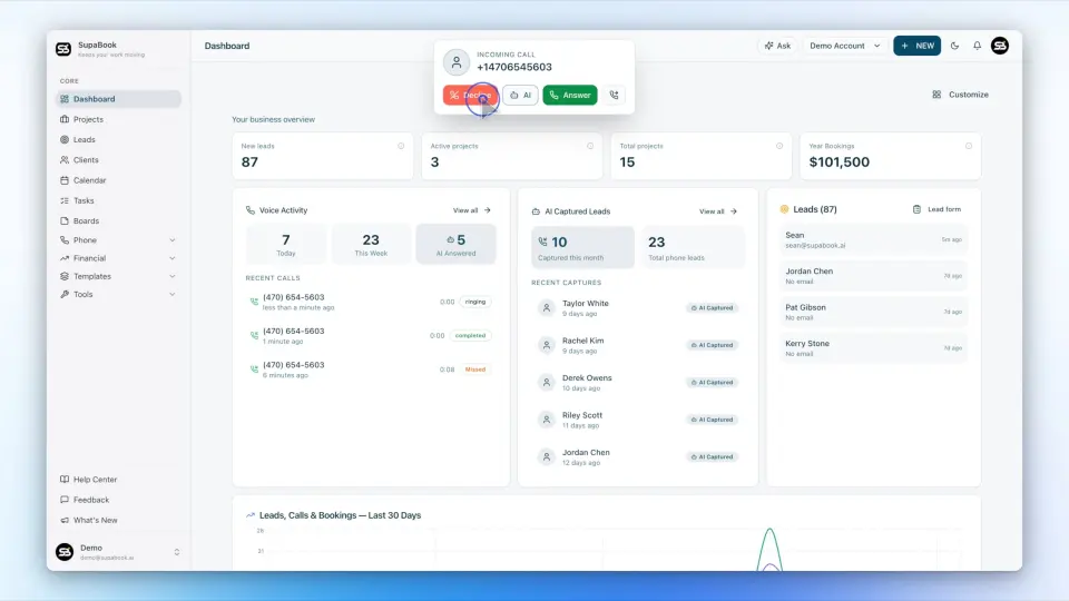 SupaBook business phone system, CRM, and AI receptionist dashboard demo